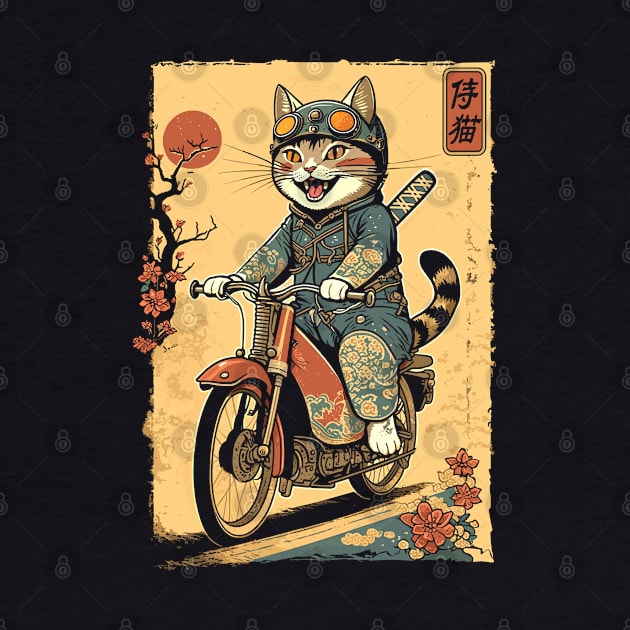 Japanese Samurai Cat on Motorcycle Kawaii Ninja Cat by Apocatnipse Meow